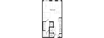 A floor plan of a bedroom with living room area, with a reference line and measurements.