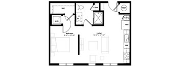 A floor plan of a small apartment with a bedroom, living room, and kitchen.