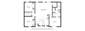 A black and white image of a floor plan for a home with four bedrooms, a living/dining room, kitchen, and two bathrooms.