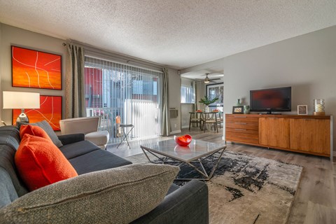 A living room with a grey couch and a red pillow.