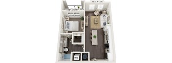 A floor plan of a small apartment with a living room, kitchen, and bathroom.