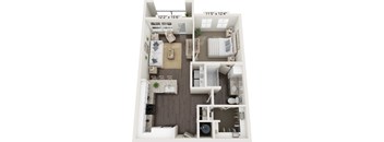 A 3D floor plan of a small apartment with a living room, kitchen, and bedroom.