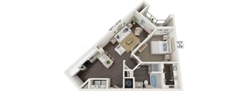 A 3D floor plan of a two-bedroom apartment with dimensions.