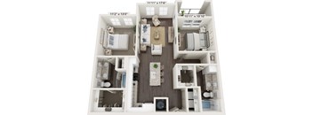 A 3D floor plan of a house with a living room, kitchen, and two bedrooms.