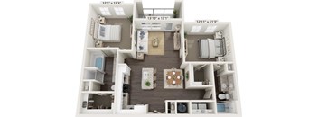 A 3D floor plan of a small apartment with a living room, kitchen, and two bedrooms.