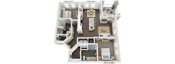 A 3D floor plan of a house with a living room, kitchen, and two bedrooms.