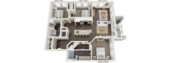 A 3D floor plan of a two-bedroom apartment with dimensions and furniture layout.