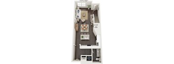 A top-down view of a small apartment with a living room, kitchen, and bedroom.