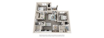 A 3D floor plan of a house layout.