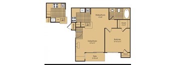 A floor plan of a house with a living room, dining room, bedroom, and patio.