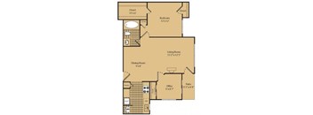 A floor plan of a house with a living room, dining room, bedroom, patio, and office.