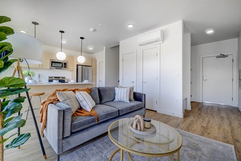 A living room with a grey couch and a glass coffee table.