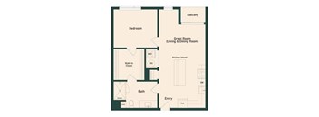 A floor plan of a home with a bedroom, bathroom, great room, and balcony.