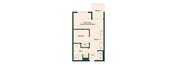 A floor plan of a house with a balcony, great room, kitchen, bath, and bedroom.