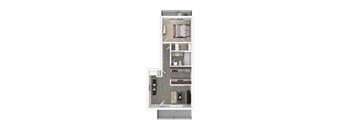 A floor plan of a small apartment with a kitchen, living room, and two bedrooms.