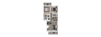A floor plan of a small apartment with a kitchen, living room, and two bedrooms.