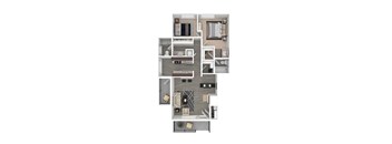 A floor plan of a house with a kitchen, living room, and two bedrooms.