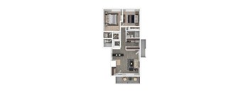 A floor plan of a house with a kitchen, living room, and two bedrooms.