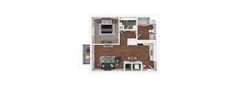 A floor plan of a house with a kitchen, living room, and bathroom.