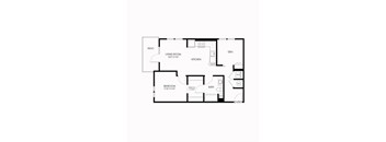 A black and white image of a house floor plan with a living room, kitchen, red room, bath, and den.