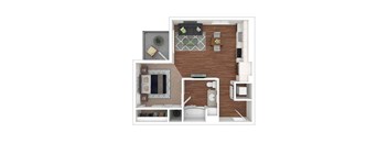 A top-down view of a small apartment layout with a kitchen, living room, and bathroom.