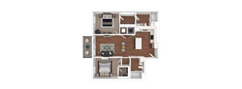 A top-down view of a small apartment layout with a kitchen, living room, and bathroom.