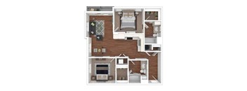 A 3D floor plan of a house showing a living room, kitchen, two bedrooms, and a bathroom.