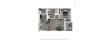 A 3D rendered image of a modern apartment layout.