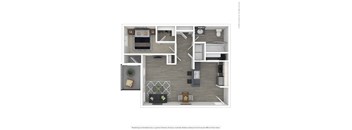 A floor plan of a small apartment with a kitchen, living room, and bathroom.