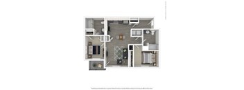 A floor plan of a house with a kitchen, living room, and two bedrooms.