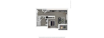 A floor plan of a modern apartment with a kitchen, living room, and bathroom.