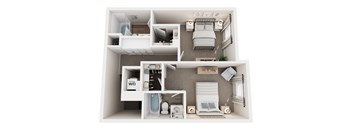 A 3D floor plan of a small apartment with a bedroom, living room, and bathroom.