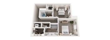 A 3D floor plan of a small apartment with a bedroom, living room, and bathroom.