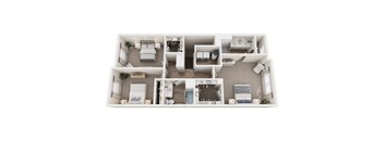 A top-down view of a house layout with a living room, kitchen, dining area, and bedrooms.