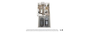 A floor plan of a small apartment with a kitchen, living room, and two bedrooms.