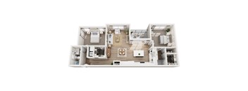 A floor plan of a house with a kitchen, living room, and two bedrooms.