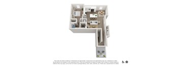 A 3D floor plan of a small apartment with a kitchen, living room, and bathroom.