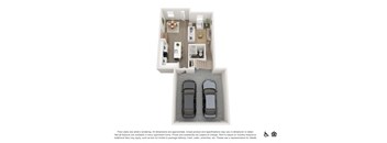 A floor plan of an apartment with two bedrooms, a living room, a kitchen, and a garage for two cars.