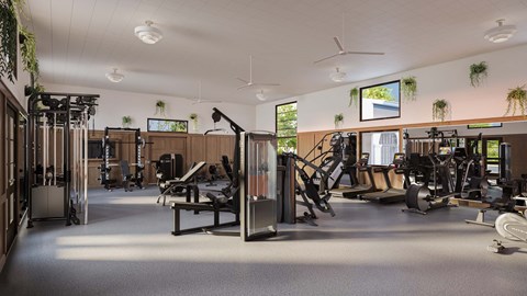 A gym with a variety of equipment including treadmills, weights, and exercise machines.