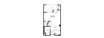 A floor plan of a house with a living room, dining room, kitchen, bathroom, and bedrooms.