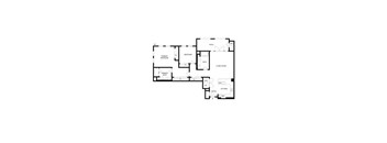 A floor plan of a house with a living room, kitchen, dining room, and two bedrooms.