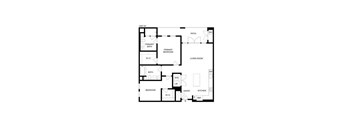 A floor plan of a unit with a living room, two bedrooms, a bathroom, a kitchen, and a patio.