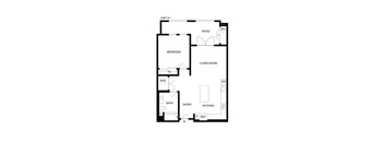A floor plan of a unit with a bedroom, bathroom, living room, kitchen, and pantry.