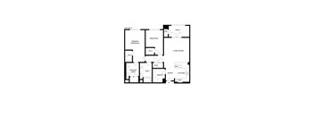 A floor plan of a residential unit showing a living room, two bedrooms, a bathroom, a kitchen, and a pantry.