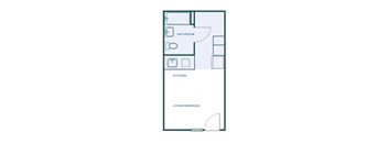 A floor plan of a small apartment with a living/bedroom area, a kitchen, and a bathroom.