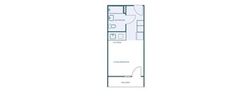A floor plan of a house with a bathroom, kitchen, living/bedroom, and balcony.
