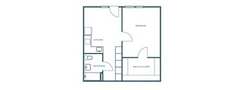 A floor plan of a small apartment with a kitchen, bathroom, bedroom, and walk-in closet.