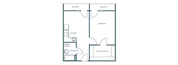 A floor plan of a house with two balconies, a kitchen, a bathroom, a bedroom, and a walk-in closet.