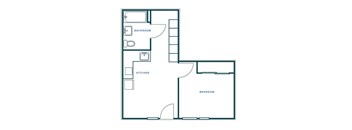 A floor plan of a room with a kitchen, bathroom and bedroom.