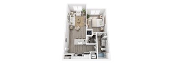 A top-down view of a small, neatly organized apartment with a kitchen, living room, and bathroom.